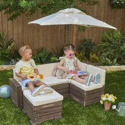 KidKraft Banquette Enfant En Bois Avec Parasol- Tables Et Chaises De Jardin